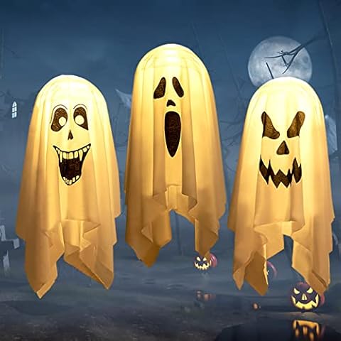 3 Pcs Halloween Hanging Glowing Ghost Lighted Outdoor Decorations Halloween Party Decoration Scary Flying Glowing Ghosts White for Festival Yard Tree Porch Outdoor Hang Decor Cover