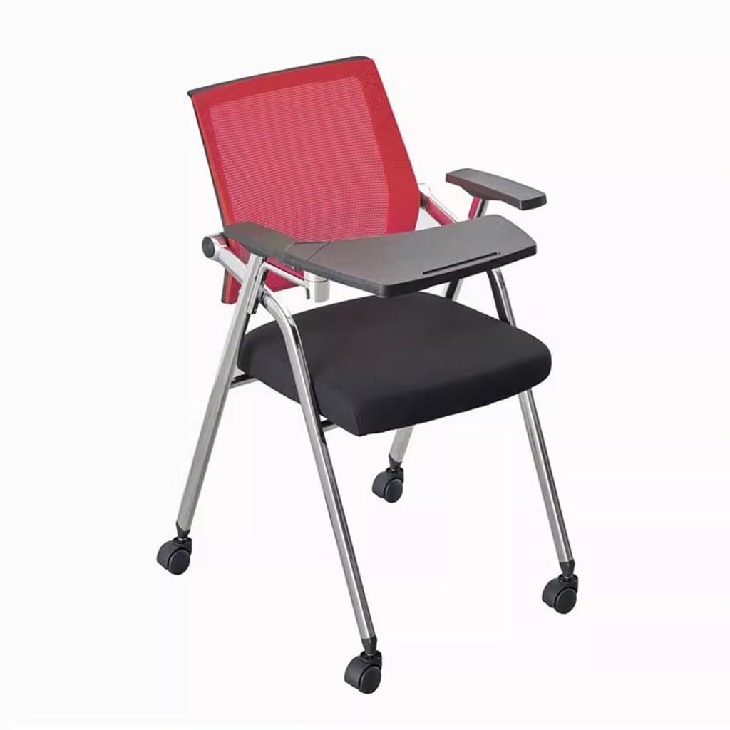 MYUYEE Folding Office Chair With Desk Attached And Wheels,Mesh Guest Reception Chairs With Arm,Rolling Chair For Office,School,Training Waiting Room (Red)