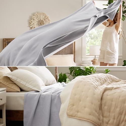 Image of Bedsure 100% Cotton Blanket, Herringbone Weave, Oversized King, Cool Grey