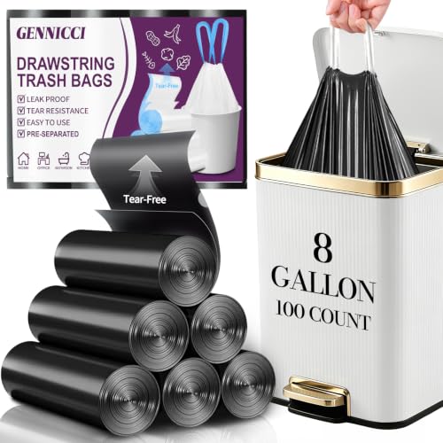 Image of 100 Count Small Drawstring Trash Bags, 8 Gallon (30L) Pre-separated Garbage Bags, Extra Thick Leak-proof Mini Wastebasket Liners for Bathroom, Office, Bedroom (Black)