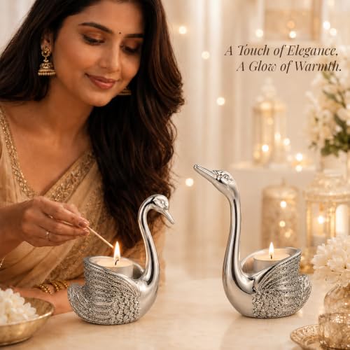 Image of DIVINITI 999 Silver-Plated Swan Pair Idol with Tealight Holders & Luxury Gift Box|Vastu-Compliant Swan Showpiece for Good Luck, Love & Harmony|Home Decor, Anniversary, Wedding & Housewarming Gift