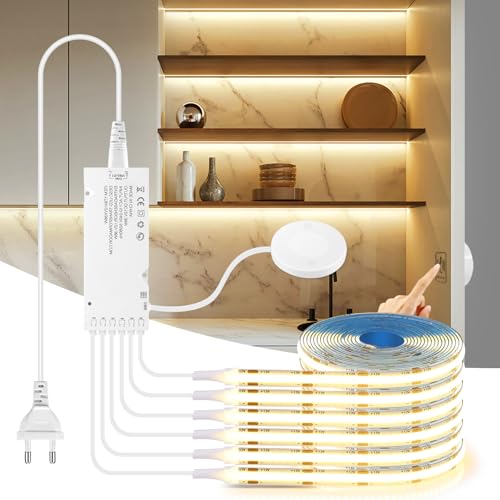6 rouleaux COB LED 12V 2m,Bande COB LED Strip coupable à la longueur souhaitée avec interrupteur tactile et variateur manuel,adaptée aux armoires de cuisine,présentoirs, étagères(Blanc chaud,2M)