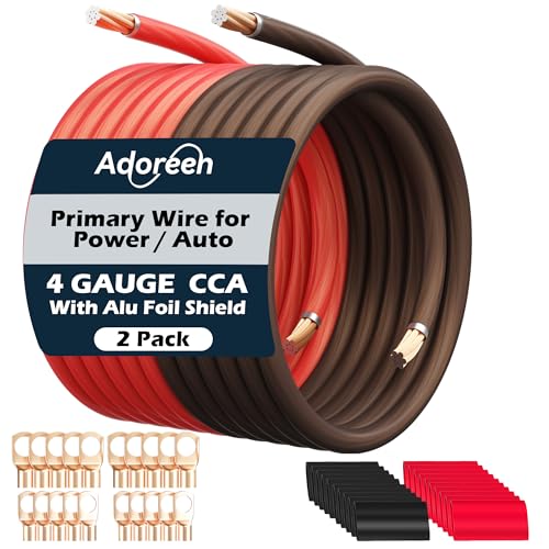 4 Gauge AWG Power/Ground Wire Cable 10 Ft Black+10 Ft Red High Power Shielded CCA Soft Automotive Welding Battery Wiring Kit for Car Audio Amp Speaker RV Trailer Marine Solar+ Lugs&Heat Shrink Tubes