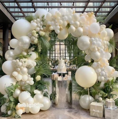 Image of White Balloon Arch Kit Double Stuffed Ivory Beige Balloons Blush Cream White Pearl Balloon Garland for Baby Shower Birthday Bridal Shower Wedding Bachelorette Anniversary Party Decor