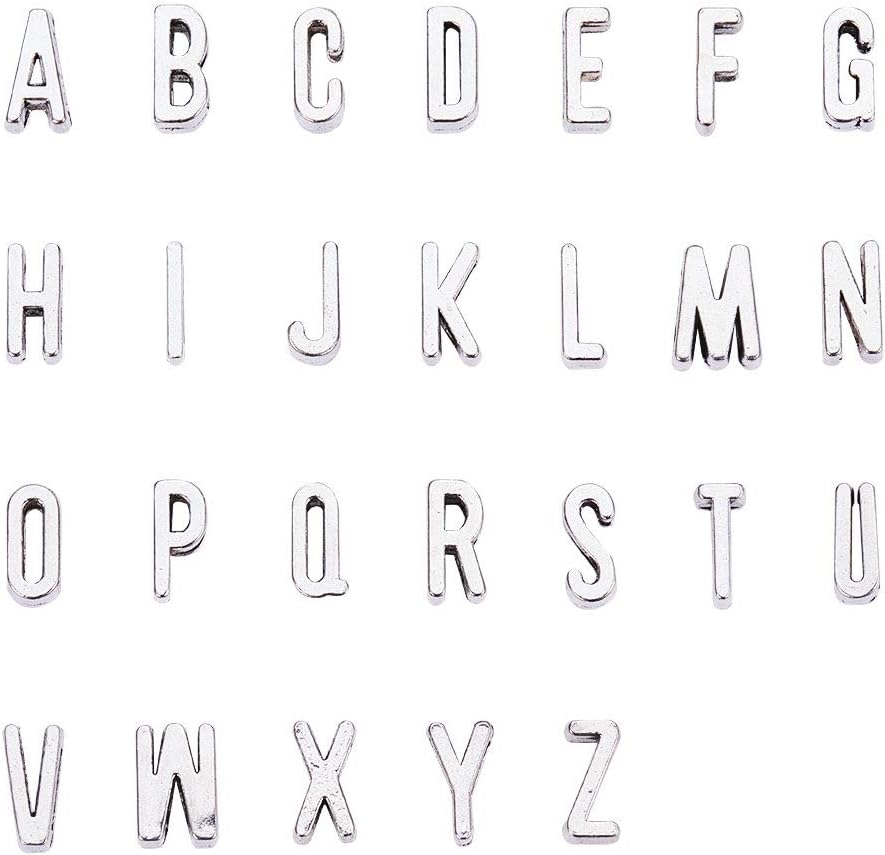 PH PandaHall 130pcs Alphabet A-Z Slide Charms Tibetan Alloy Letters Slide Beads Charms for DIY Craft Flat Bracelet Wristbands Necklace Choker Jewelry Making