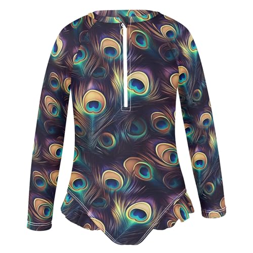 Mysterious Peacock Feathers Pattern Girls Long Sleeve Swimsuit Rash Guard One Piece Bathing Suits Zipper 3-12T2