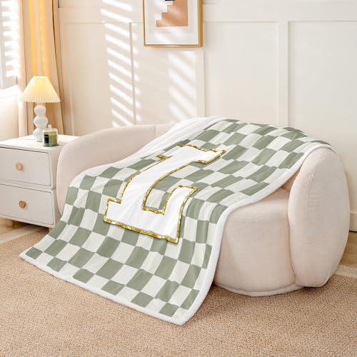 Image of Erosebridal Sage Green Checkered Fuzzy Plush Throw Plaid Initial L Fleece Blanket Personalized Monogram Sherpa Blanket for Kids Boys Girls,Fashion Grids Gingham Decor for Bed Couch Throw 50 inchx60 inch