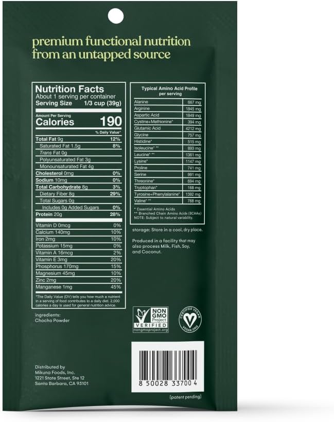 Mikuna Pure Chocho Plant Protein Powder - 1 Ingredient Non-Isolate Vegan Protein - 20g Protein, 8g Fiber - Lectin Free, Dairy Free, Gluten Free (8 Servings)