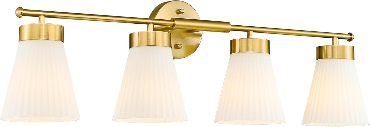 Bathroom Light Fixtures Brushed Gold, HWH 4 Light Vanity Lights Over Mirror, Modern Wall Lamp Bathroom Lighting with Frosted White Striped Glass, 5HZG97B-4W BG Brushed Gold 4-Light