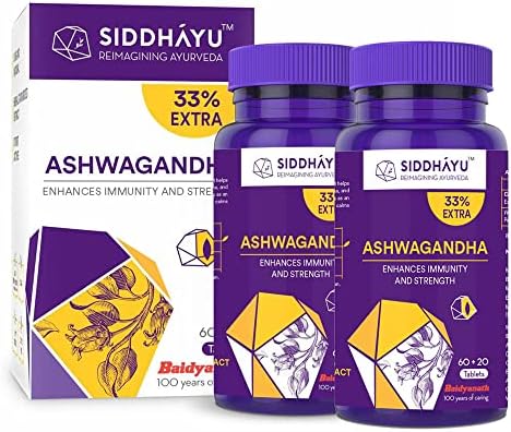 Siddhayu by Baidyanath Ashwagandha Tablets 60+20 (Pack of 2) | Immunity Booster, Strength & Stress Support | Ayurvedic Supplement | 100% Pure Ashwagandha Root Extract | Natural Immunomodulator