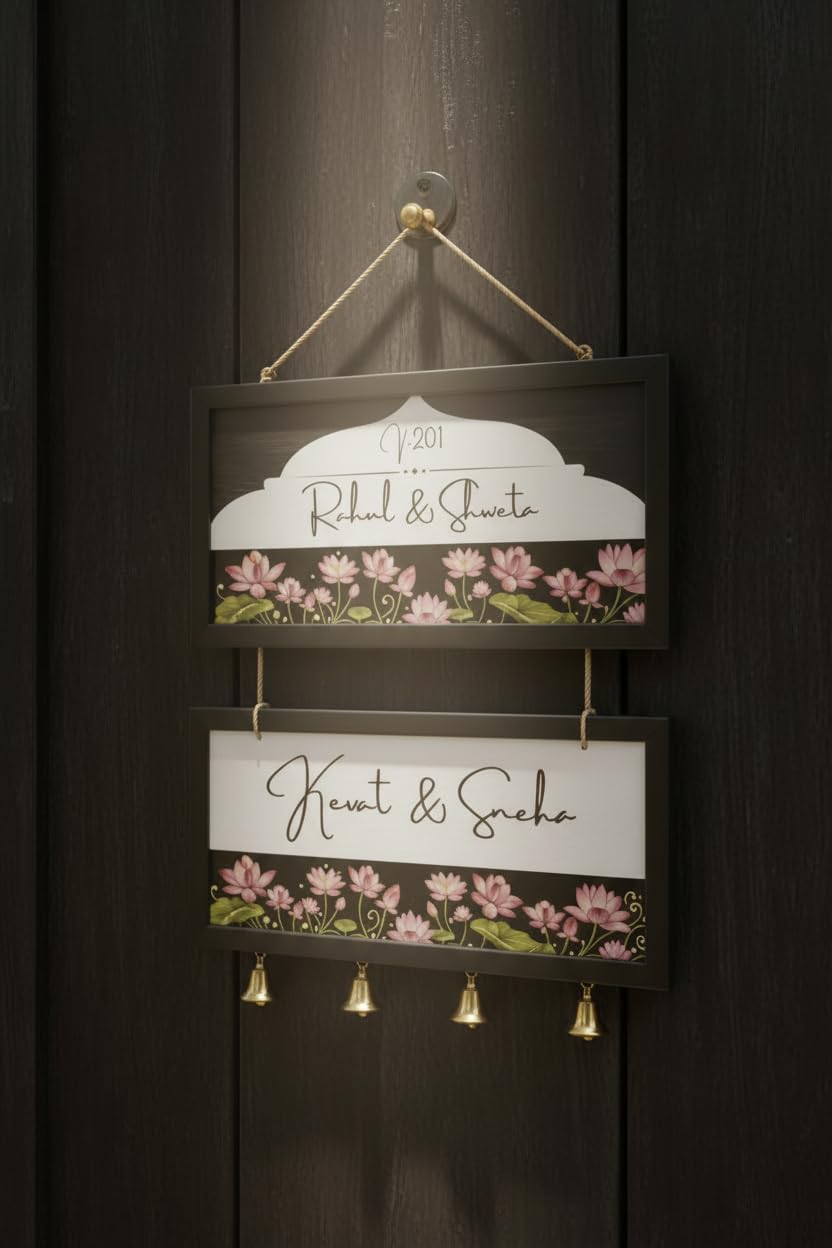 Webelkart Customized Wooden Couple Name Plate For Home Entrance outdoor With Bells | Handcrafted Floral Wooden Name Board for Home Decor | Perfect Wedding, Anniversary & Housewarming Gift - 17 Inches (Lotus Flower) — Amazon image 5