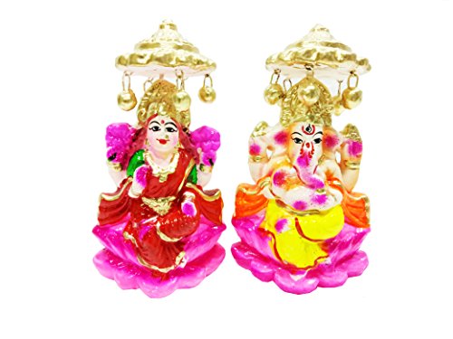 Craftsman (6-6.5 Inch Beautiful Lakshmi Ganesha Clay Statue with Colouring Work for Diwali/Deepawali Pooja Puja Decoration Laxmi Ganesh Ridhi Sidhi Murti Idol Indian Housewarming Gift Items