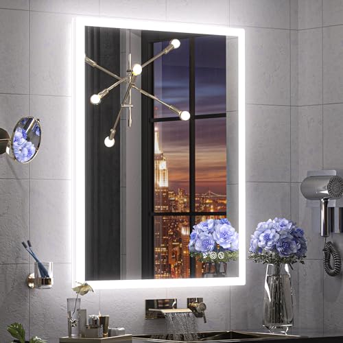 Keonjinn 28 x 36 in LED Bathroom Vanity Mirror with Lights, UL Listed LED Driver, Acrylic Motion Sensor Smart Mirror Frontlit Anti Fog 3 Color Lights Dimmable Wall Mounted Mirror