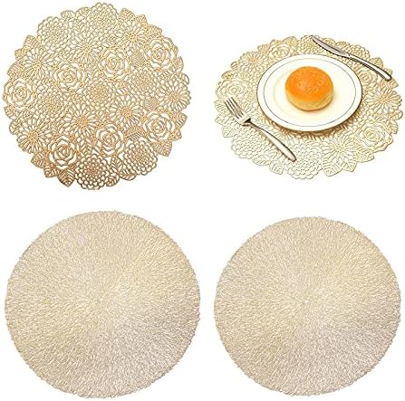 BLBK 4pcs Round Placemats, Rose Gold Round Flower Placemats,15 Inch PVC Hollow-Out Insulation Mats, Washable Non-Slip Insulation Placemat for Home Hotel Wedding Party(Gold)