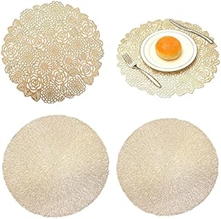 BLBK 4pcs Round Placemats, Rose Gold Round Flower Placemats,15 Inch PVC Hollow-Out Insulation Mats, Washable Non-Slip Insulation Placemat for Home Hotel Wedding Party(Gold)