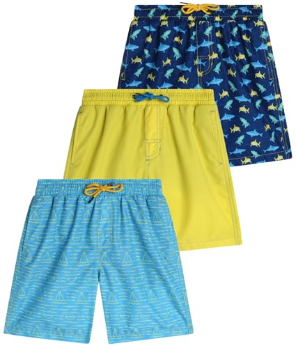 Beach Bros. Boys Swim Trunks - 3 Pack Quick Dry Board Shorts for Boys, UPF 50+ Beach Swimwear for Kids (Sizes: 8-14)