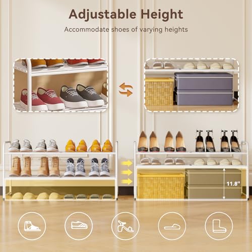 Image of Standard Shoe Rack 2-Tier 32.5 Inches Wide, Free Standing Shoe Organizer for Indoor Outdoor | Adjustable Heavy-Duty Metal Shelf Ideal for Home Entryway Closet & Garage Balcony | White