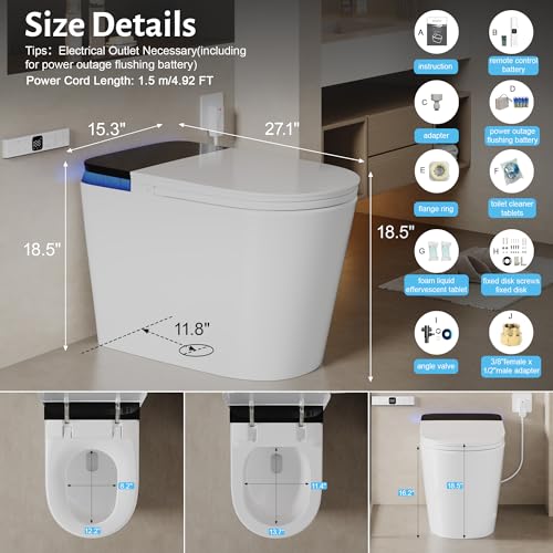 Image of Luxury Smart Toilet with Tank, Elongated Electric Bidet Toilet with Foam Shield, Cleaner Tablets, Dual Auto Flush /Lid&Seat, Foot Sensor, UV-C light, One Piece Toilets with Dryer, LED Display