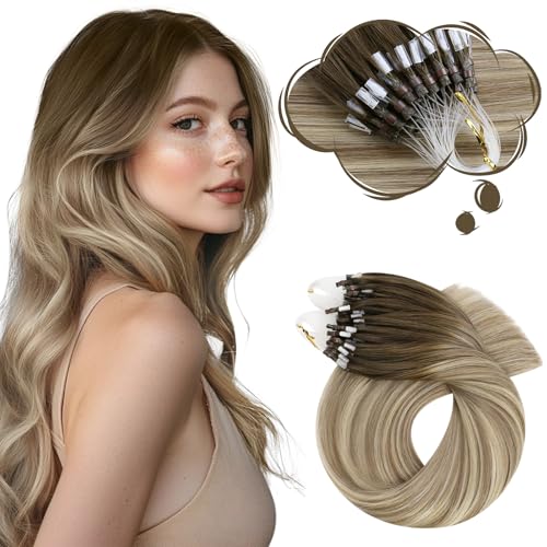 Image of Moresoo Micro Loop Hair Extensions Real Human Hair, Brown Dirty Blonde | 20 inch, 50g 50 strands, no heat no glue, long straight hair, natural brown blend, weekend outings, added length and volume