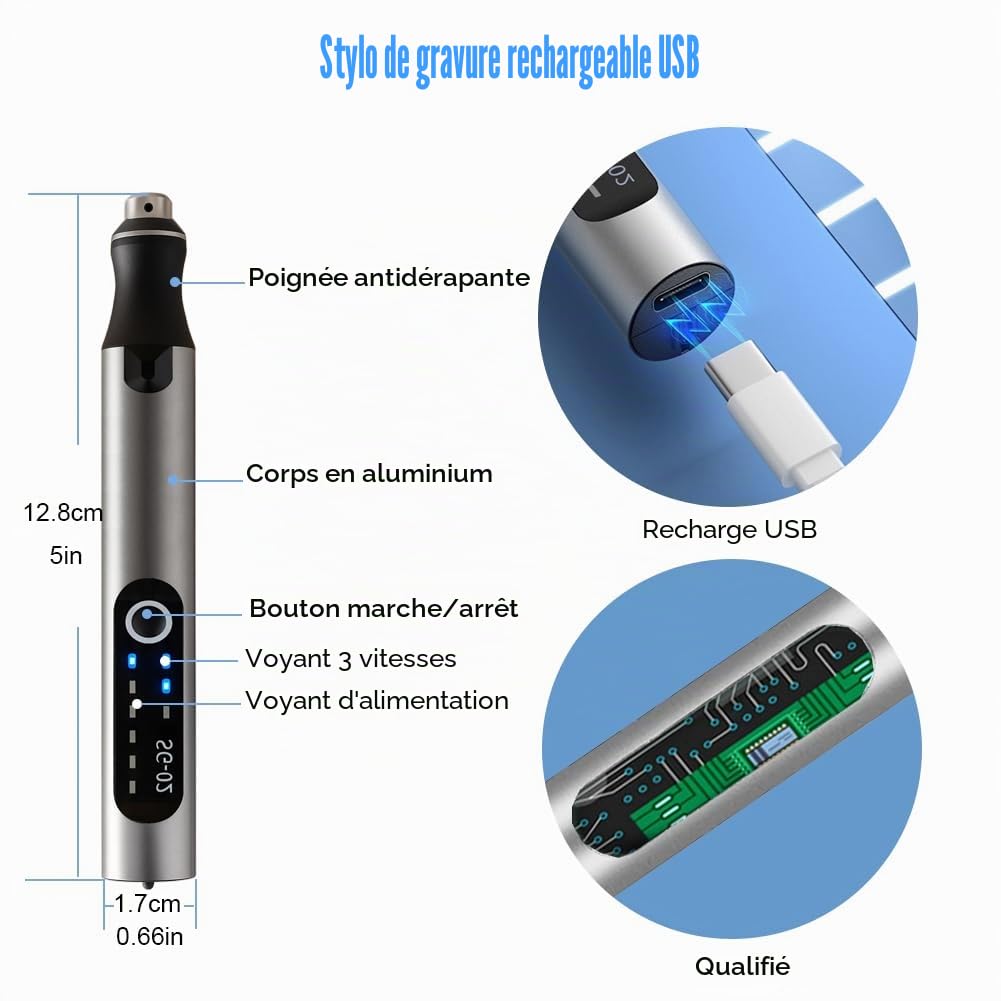 Stylo de gravure rechargeable par USB avec 35 bits, mini graveur électrique, outils rotatifs sans fil gravés, bijoux, pierre, métal, plastique, bois, résine, modèle, multicolore,