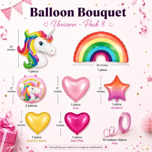 Image of AMFIN (Pack of 8) Unicorn Theme Birthday Balloon Bouquet Pink Multi Metallic Finish Foil Women Girls Decoration Item Kit Head Rainbow