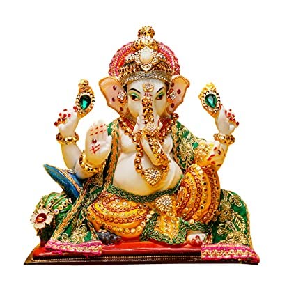 Hanu Collections Presents Export Quality Beautiful God Ganesha Idol/Ganpati/Vinayak murti with Gems Work for Gifts & Enterence Decor- 10 inch (Marble dust, Multicolor)