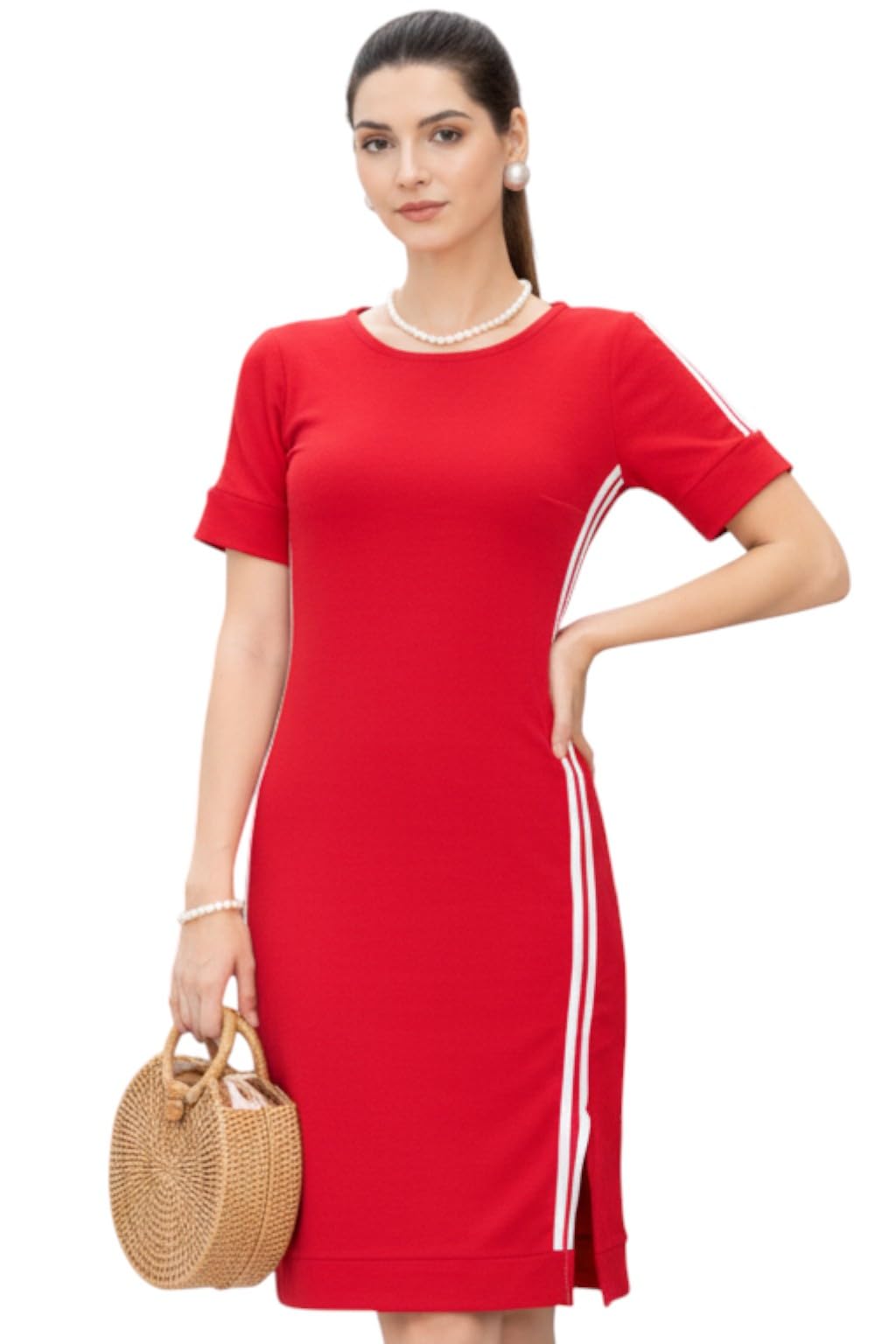 HRX Womenâ€™s T-Shirt Dress with Side Stripe | Casual Short Sleeve Knee-Length Bodycon Dress | Sporty for Women in neutral