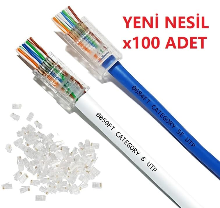 PrimeX PX-560C6 RJ45 Cat6 Konnektör, 100’lü Paket Yeni Nesil RJ45 Jack UTP, Cat6 Ethernet Network LAN Kablo Ucu, Şeffaf Beyaz Polimer RJ45 Erkek Plug, Modem Router Switch Patch Panel Kablo Sonlandırma