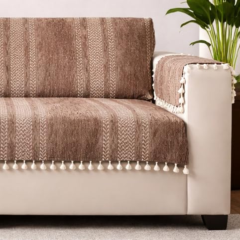 Image of STITCHNEST Chenille Printed Sofa Cover 1 Seater with 2 Hand Rest Covers - Washable Beige Sofa Cover with Tassels - Durable Premium Fabric - Stylish Sofa Protector for Living Room & Furniture Decor