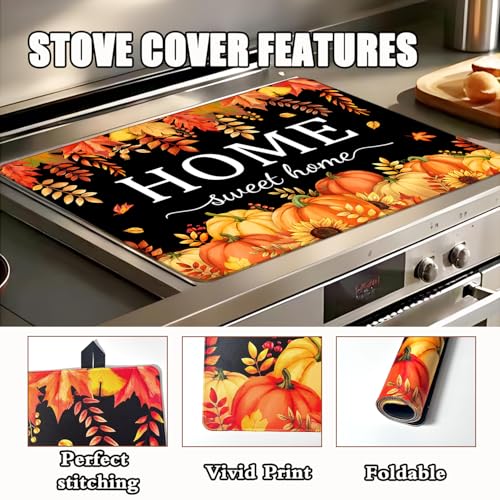 Image of Fall Pumpkin Stove Cover For Electric Stove, 20x28 Glass Stove Top Mat Thanksgiving Heat Resist Electric Gas Range Mat Sweet Home Decor Glass Top Protector Black Kitchen Cooktop Pad