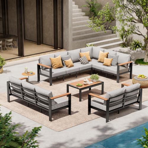 Image of Outdoor Aluminum Patio Furniture Set 11 Seats, Patio Sectional Corner Couch Set with Washable Thick Cushions & Coffee Table, Patio Conversation Sets for Porch, Backyard, Garden, Deck, Gray