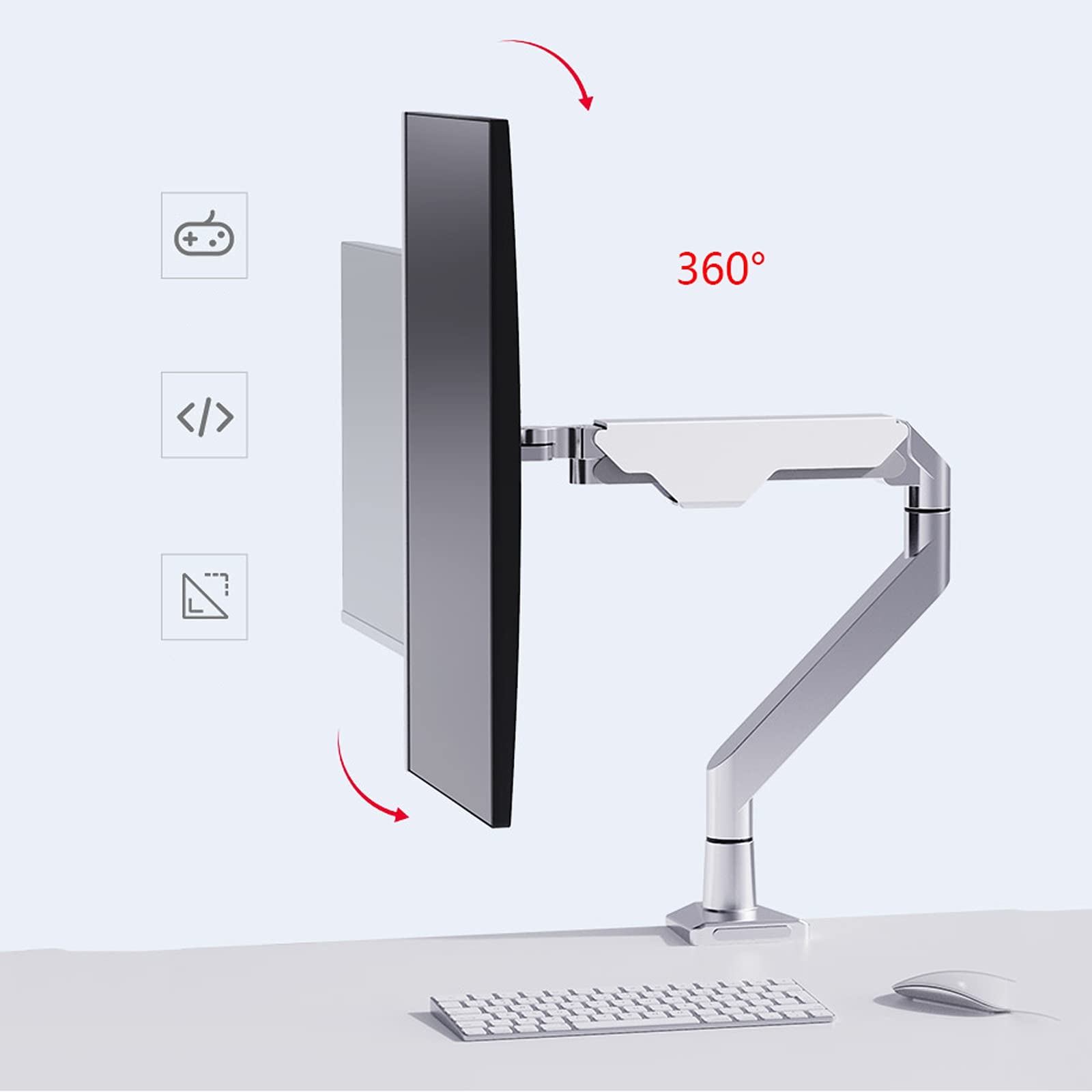 Monitor Mount 10"-32" Silver Monitor Stand Height-Adjustable Single Monitor Desk Mount Full Motion Tilt Rotation Monitor Arm with Clamp And(Silver