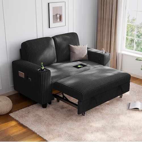 Image of LINSY HOME Loveseat Sofa with Pull Out Couch Chaise: 2-in-1 Convertible 2 Seater Sofa with USB Charging & Cup Holders, Comfy Plush Corduroy Love Seat for Small Spaces Living Room Apartment, Black