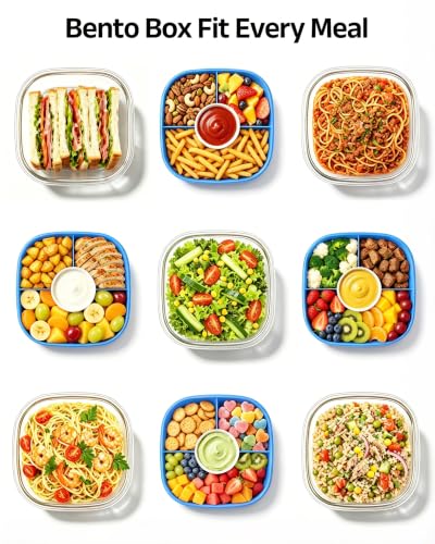 Image of Glass Salad Container,56oz Salad Bowl To Go for Lunch with Airtight Lid,Leak-Proof Sauce Container,4-Compartment Bento Tray & Reusable Fork - BPA-Free Glass Lunch Box for Meal Prep,Office(Blue)