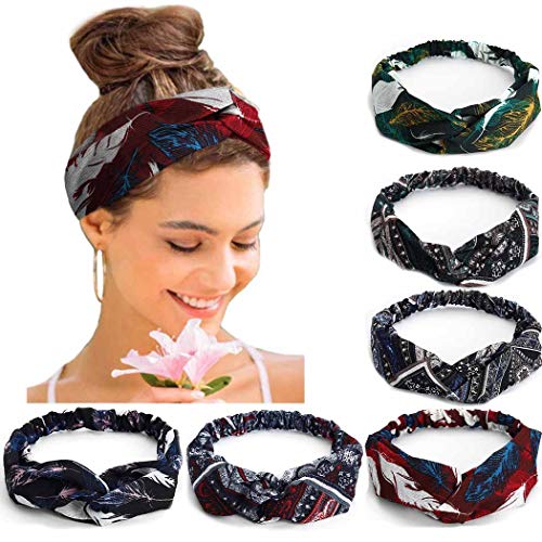 Catery Boho Headbands Vintage Flower Printed Head Wrap Criss Cross Elastic Hairband Fashion Hair Accessories for Women and Girls (Set 8-6 Pack)