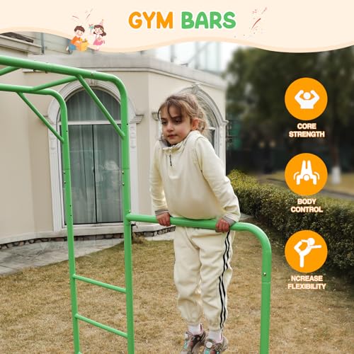 Outdoor Monkey Bar Set with Climbing Frame, Gymnastics bars, Playground Sets for Backyards, Metal Monkey Bars for Kids Age 3 and Up, Backyard Playground Set with Powder Coated Steel, Green