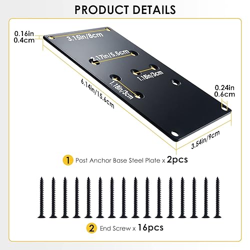 2 Pack Straight Steel Flat Plate - Post Anchor Base Top Connector Plate for Cable Railing Wood Aluminum Deck Stairs Post Mounting - Black Flat Mending Plates with Screws for Furniture Shelves Cabinet