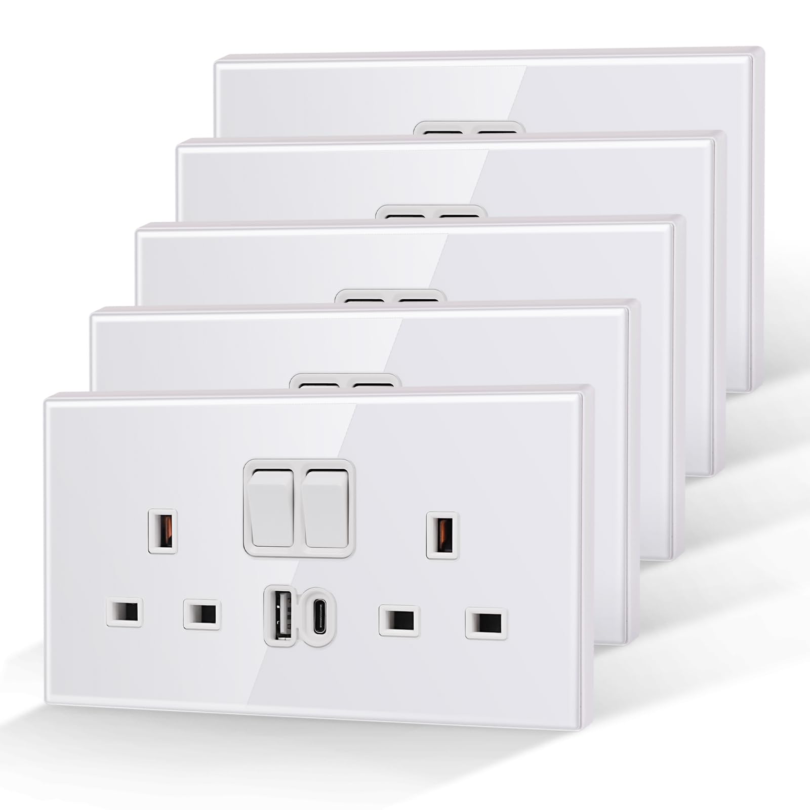 CNBINGO Lot de 5 prises doubles USB de type C en verre, charge rapide 20 W maximum, prise à double interrupteur avec 20 W PD USB C et A, prise électrique à 2 branches, prise murale blanche avec