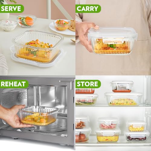 Image of Borosil 800 ml Fluted Klip N Store Square Food Storage Container with Air Tight Glass Lid | Borosilicate Glass Container for Lunchbox | Microwave & Dishwasher Safe | Transparent