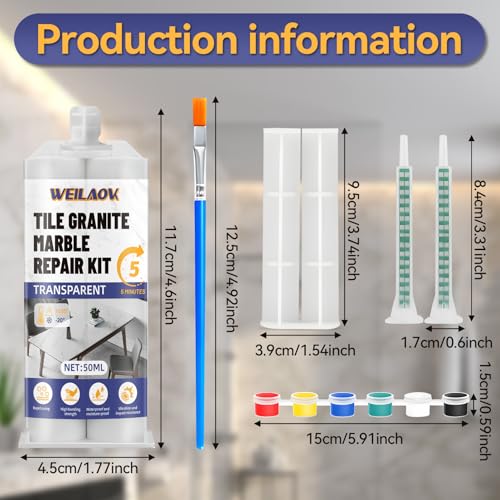 WEILAOK Marmor Reparaturset, Fliesen Reparaturset, Keramik Reparaturset Waschbecken für Marmor, Granit, Fliesenreparatur, Reparatur von Rissen, Kratzern, Löchern, 6 Farben Farbe und Pinsel, 50 ml