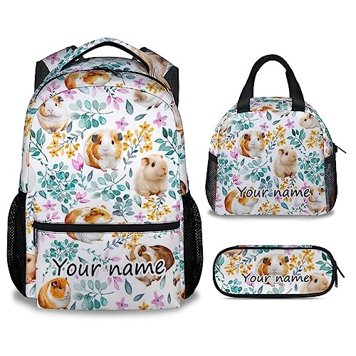 Personalized Guinea Pig Backpack with Lunch Box Set for Girls Kids, 3 in 1 Primary Middle School Backpacks Matching Combo, Cute Lightweight Adjustable Straps White Bookbag and Pencil Case Bundle