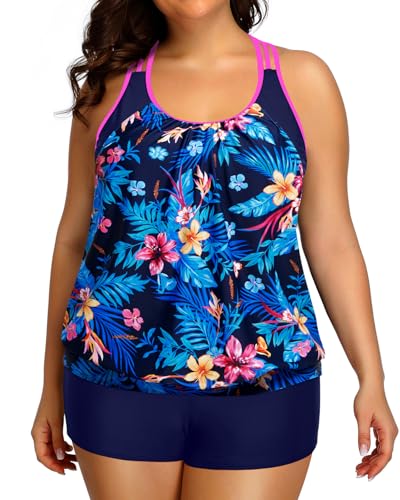 Image of Womens Plus Size Tankini Swimsuit Two Piece Tummy Control Bathing Suit | Blouson Racerback Tankini Top with Shorts, Double Up Design, Removable Pad