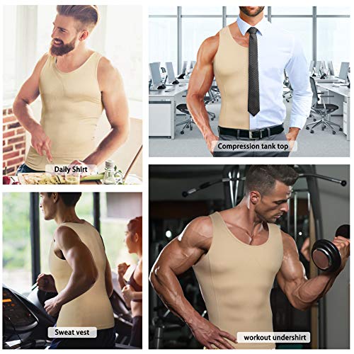 Molutan Mens Compression Shirt Slimming Body Shaper Vest Sleeveless Waist Traner Workout Tank Top Tummy Control Shapewear (Beige, Medium-Large) #TOP6