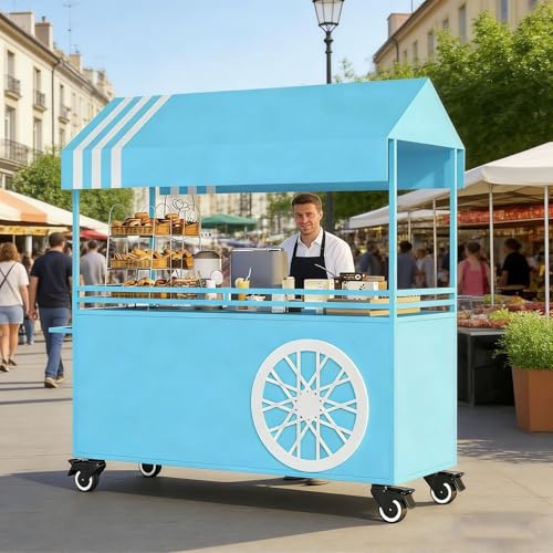 Carrito de alimentos portátil con toldo con ruedas bloqueables de hierro para eventos y mercados (azul, 47.24 pulgadas), camión de exhibición de alimentos ideal para vendedores ambulantes