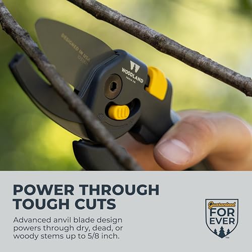 Image of Woodland Tools Co. Heavy Duty Anvil Pruning Shears - 5 /8 inch Cut Capacity, High Carbon Steel Blade, Internal Spring, Adjustable Grip Slider, Garden Pruner for Dry Branches, Stems, and Dead Growth