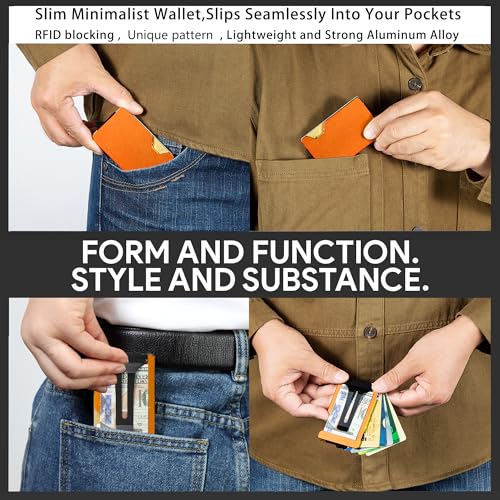 Image of Minimalist Carbon Fiber Wallet for Men, Money Clip Cash Strap Wallet, RFID Blocking Metal Wallet Aluminum Card Holder,Front Pocket Wallet(Matte Orange)