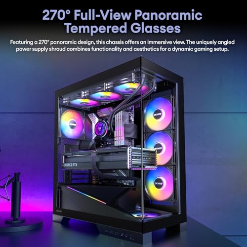 Image of Okinos Aqua 9, ATX PC Case, 5 x 120mm ARGB PWM Fan Pre-Installed, Support Top & Side Dual 360mm Radiator, Back-Connect Motherboard Compatible, Mid Tower PC Case, Type C Port, Black