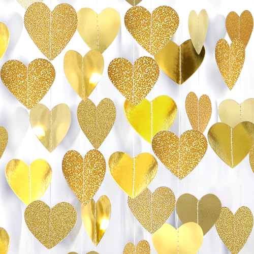 Image of Glitter Champagne-Gold Party-Decorations Heart Streamers Garland - 39Ft Wedding Engagement Hanging Paper Banner,Bachelorette Bday Bridal Baby Shower Christmas Anniversary Housewarming Backdrop Decor