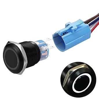 19mm Latching Push Button Switches SPDT ON/Off Waterproof Black Metal 12V Ring LED with Wire Plug (White)