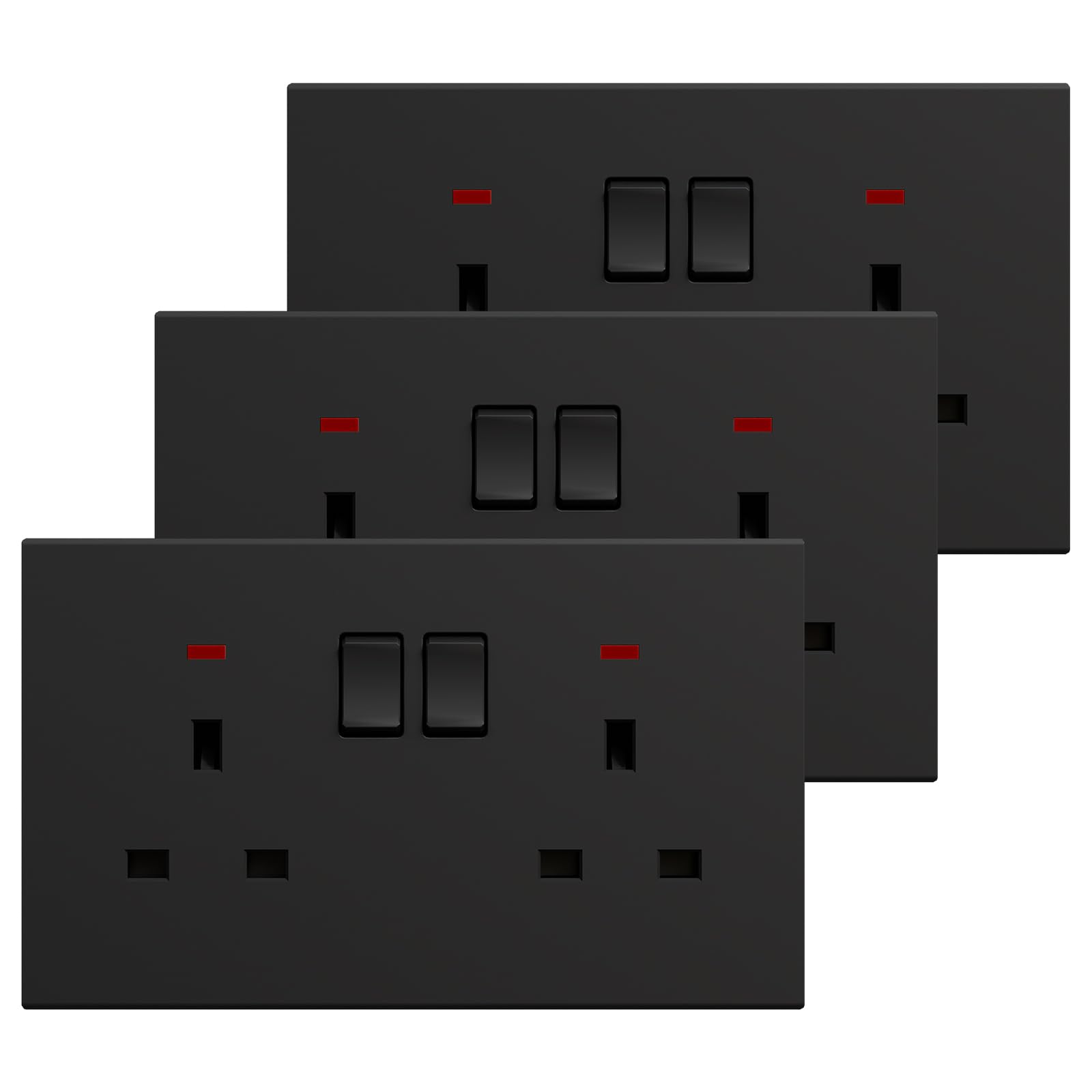 BSEED Double Socket 3 Pack, Electrical Double Switched Power Plug Wall Socket with LED Indicator, PC Wall Plate Outlet, Black, 13A